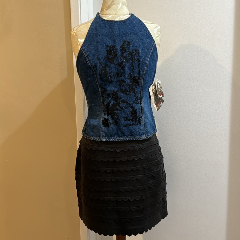 XOXO Denim Halter Glitter Black Design Open Back Strap Funky Top L NWT - Picture 3 of 15